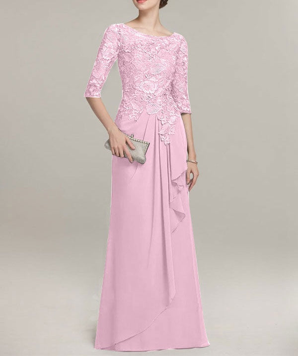 A-line Scoop Illusion Floor-Length Lace Chiffon Mother of the Bride Dress With Cascading Ruffles