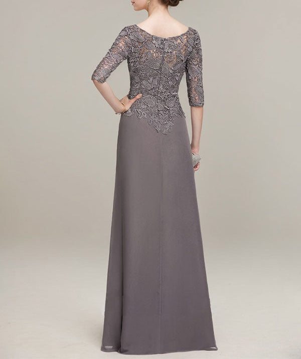 A-line Scoop Illusion Floor-Length Lace Chiffon Mother of the Bride Dress With Cascading Ruffles