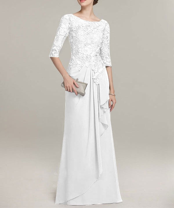 A-line Scoop Illusion Floor-Length Lace Chiffon Mother of the Bride Dress With Cascading Ruffles