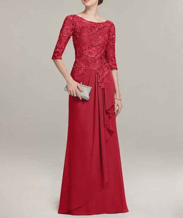 A-line Scoop Illusion Floor-Length Lace Chiffon Mother of the Bride Dress With Cascading Ruffles