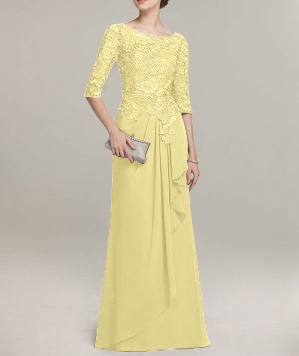 A-line Scoop Illusion Floor-Length Lace Chiffon Mother of the Bride Dress With Cascading Ruffles
