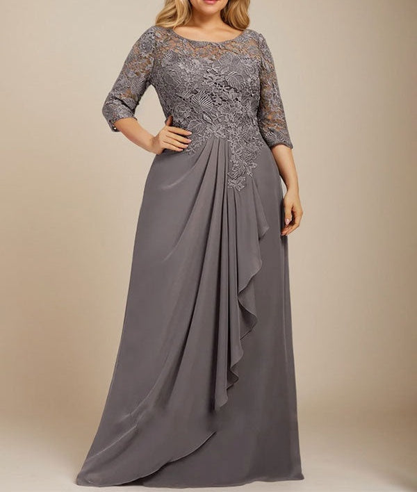 A-line Scoop Illusion Floor-Length Lace Chiffon Mother of the Bride Dress With Cascading Ruffles