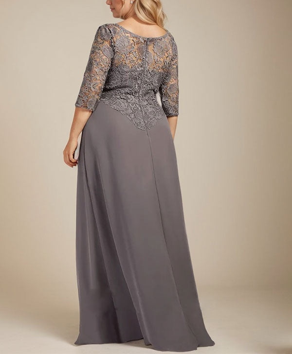 A-line Scoop Illusion Floor-Length Lace Chiffon Mother of the Bride Dress With Cascading Ruffles