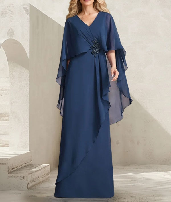 A-line V-Neck Floor-Length Chiffon Mother of the Bride Dress With Cascading Ruffles Beading