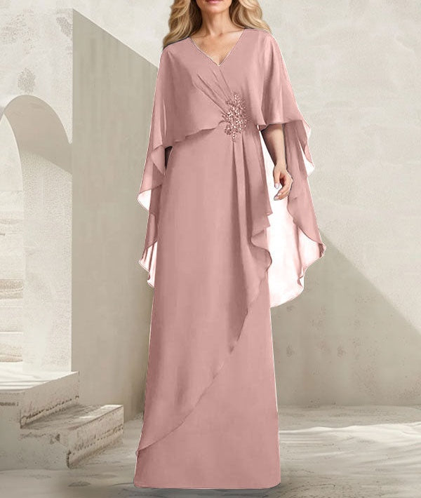A-line V-Neck Floor-Length Chiffon Mother of the Bride Dress With Cascading Ruffles Beading