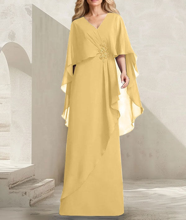 A-line V-Neck Floor-Length Chiffon Mother of the Bride Dress With Cascading Ruffles Beading