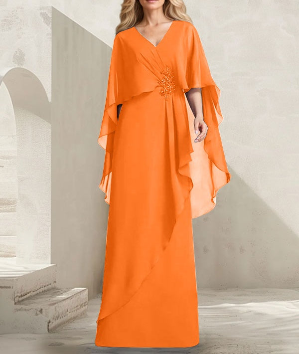 A-line V-Neck Floor-Length Chiffon Mother of the Bride Dress With Cascading Ruffles Beading