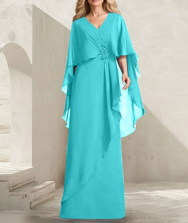 A-line V-Neck Floor-Length Chiffon Mother of the Bride Dress With Cascading Ruffles Beading