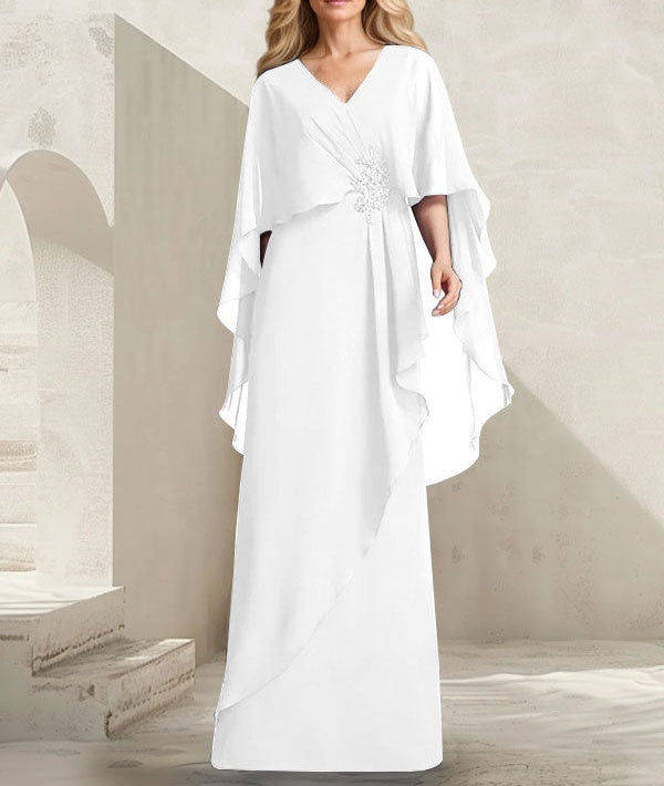 A-line V-Neck Floor-Length Chiffon Mother of the Bride Dress With Cascading Ruffles Beading