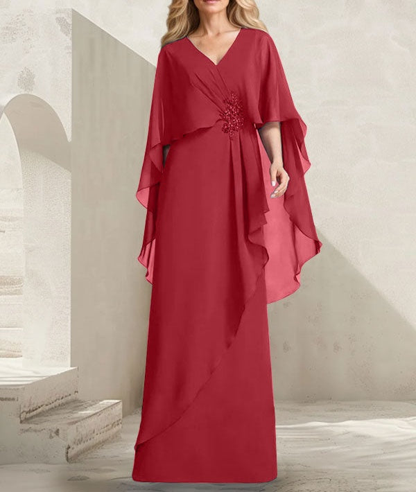 A-line V-Neck Floor-Length Chiffon Mother of the Bride Dress With Cascading Ruffles Beading