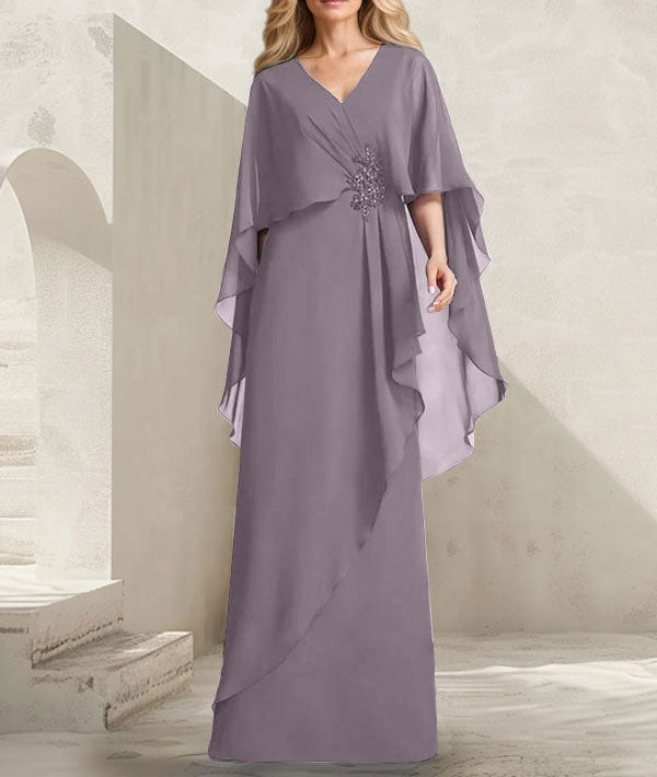 A-line V-Neck Floor-Length Chiffon Mother of the Bride Dress With Cascading Ruffles Beading