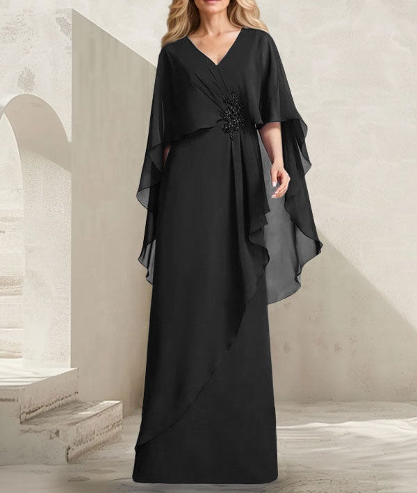 A-line V-Neck Floor-Length Chiffon Mother of the Bride Dress With Cascading Ruffles Beading