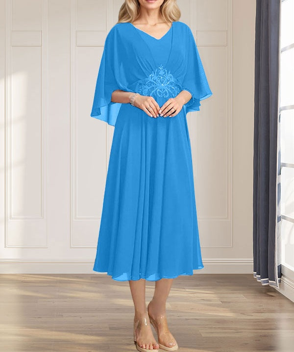 A-line V-Neck Tea-Length Chiffon Mother of the Bride Dress With Pleated Sequins Appliques Lace Beadind