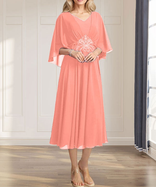 A-line V-Neck Tea-Length Chiffon Mother of the Bride Dress With Pleated Sequins Appliques Lace Beadind