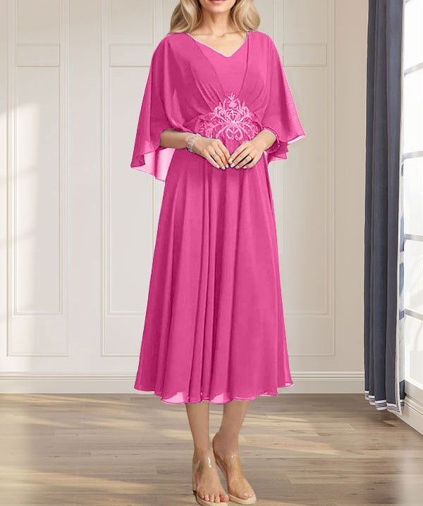 A-line V-Neck Tea-Length Chiffon Mother of the Bride Dress With Pleated Sequins Appliques Lace Beadind