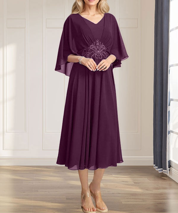 A-line V-Neck Tea-Length Chiffon Mother of the Bride Dress With Pleated Sequins Appliques Lace Beadind