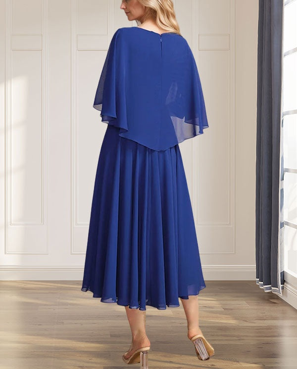 A-line V-Neck Tea-Length Chiffon Mother of the Bride Dress With Pleated Sequins Appliques Lace Beadind