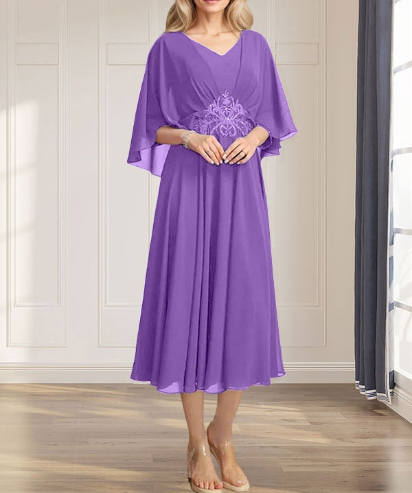 A-line V-Neck Tea-Length Chiffon Mother of the Bride Dress With Pleated Sequins Appliques Lace Beadind