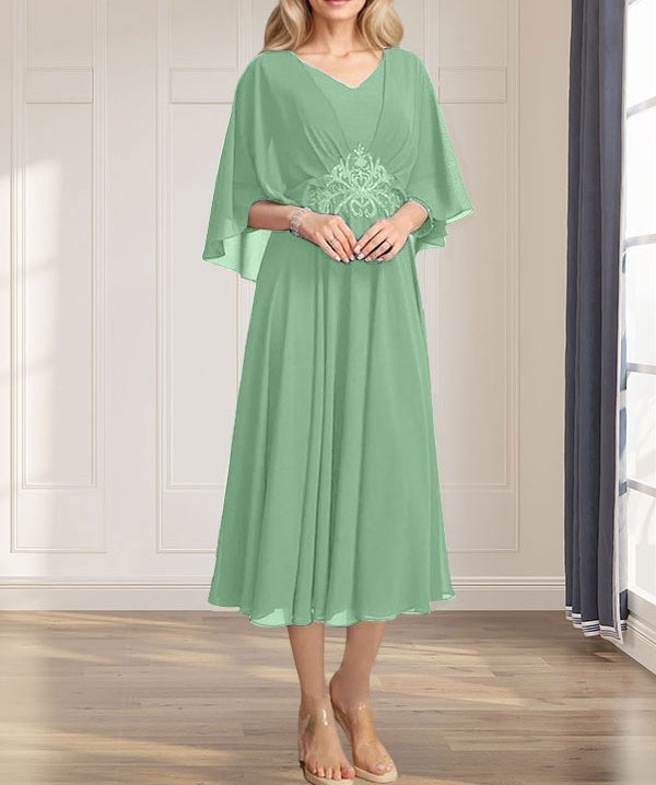 A-line V-Neck Tea-Length Chiffon Mother of the Bride Dress With Pleated Sequins Appliques Lace Beadind