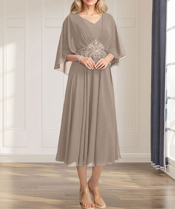 A-line V-Neck Tea-Length Chiffon Mother of the Bride Dress With Pleated Sequins Appliques Lace Beadind