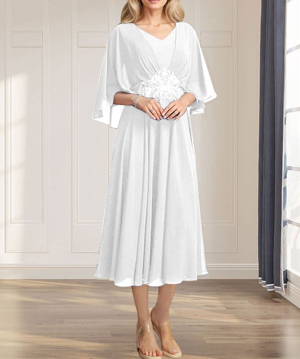 A-line V-Neck Tea-Length Chiffon Mother of the Bride Dress With Pleated Sequins Appliques Lace Beadind