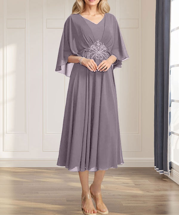A-line V-Neck Tea-Length Chiffon Mother of the Bride Dress With Pleated Sequins Appliques Lace Beadind