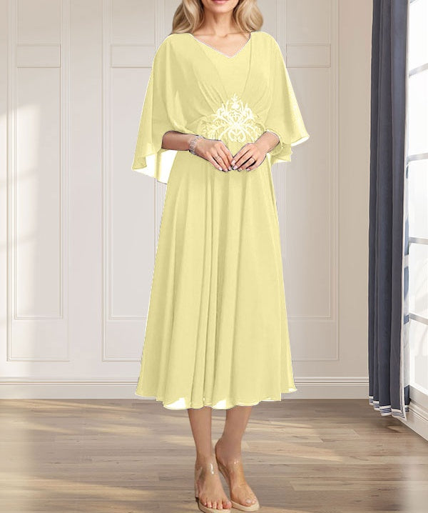 A-line V-Neck Tea-Length Chiffon Mother of the Bride Dress With Pleated Sequins Appliques Lace Beadind