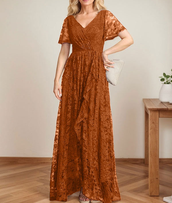 A-Line V-Neck Asymmetrical Lace Mother of the Bride Dress With Cascading Ruffles