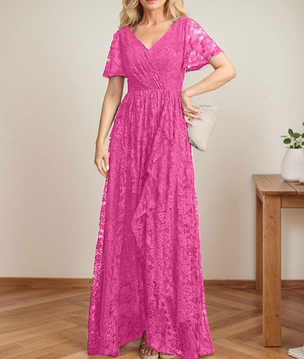 A-Line V-Neck Asymmetrical Lace Mother of the Bride Dress With Cascading Ruffles