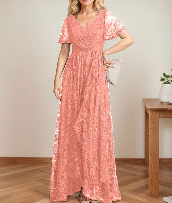 A-Line V-Neck Asymmetrical Lace Mother of the Bride Dress With Cascading Ruffles