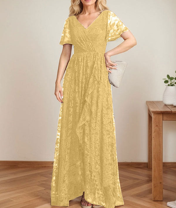 A-Line V-Neck Asymmetrical Lace Mother of the Bride Dress With Cascading Ruffles