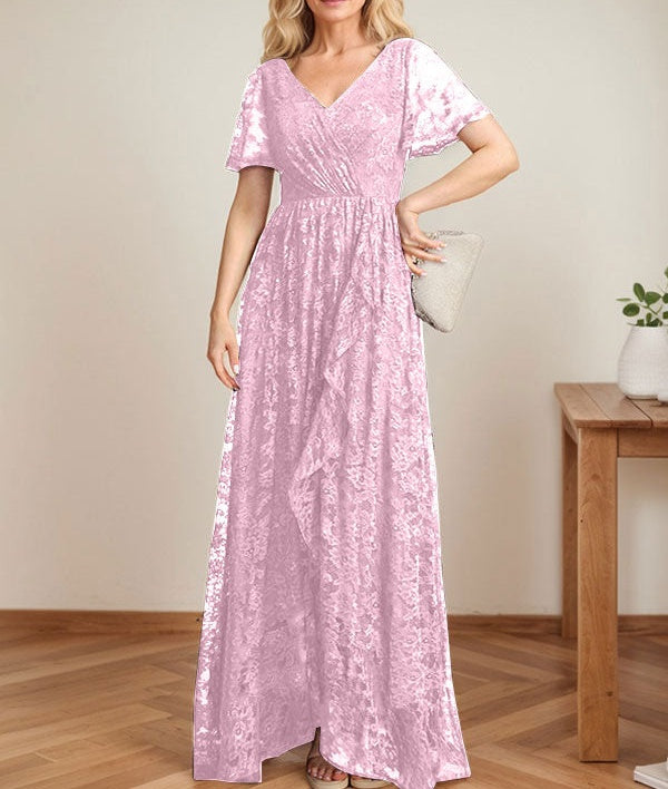 A-Line V-Neck Asymmetrical Lace Mother of the Bride Dress With Cascading Ruffles
