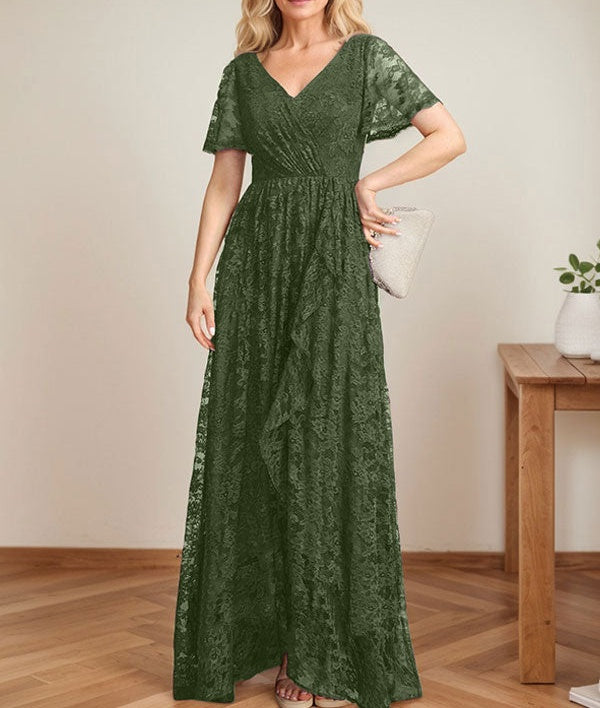 A-Line V-Neck Asymmetrical Lace Mother of the Bride Dress With Cascading Ruffles