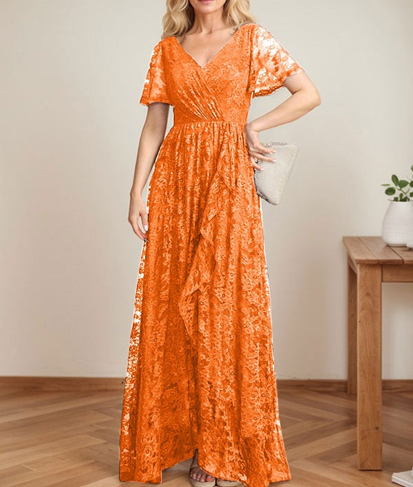 A-Line V-Neck Asymmetrical Lace Mother of the Bride Dress With Cascading Ruffles