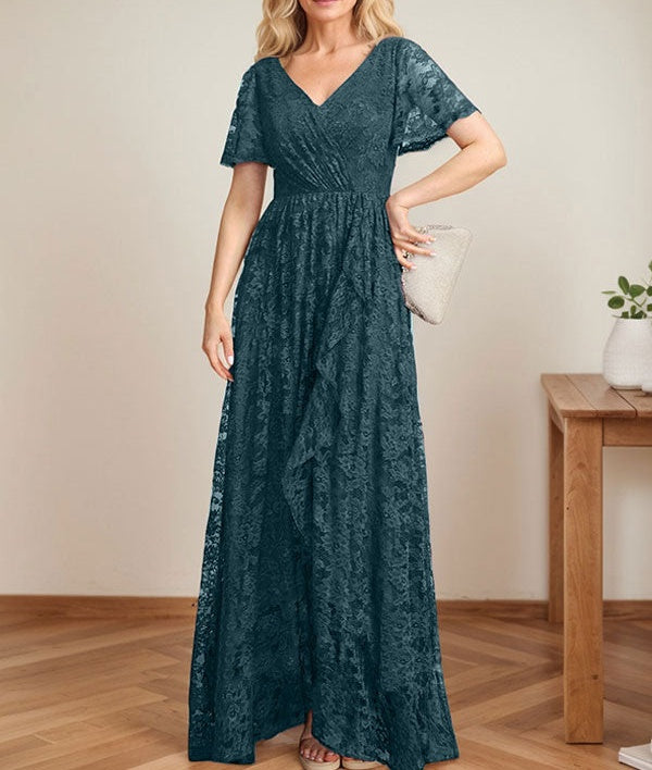 A-Line V-Neck Asymmetrical Lace Mother of the Bride Dress With Cascading Ruffles