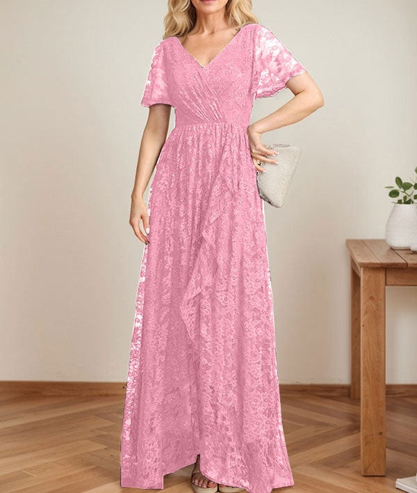 A-Line V-Neck Asymmetrical Lace Mother of the Bride Dress With Cascading Ruffles