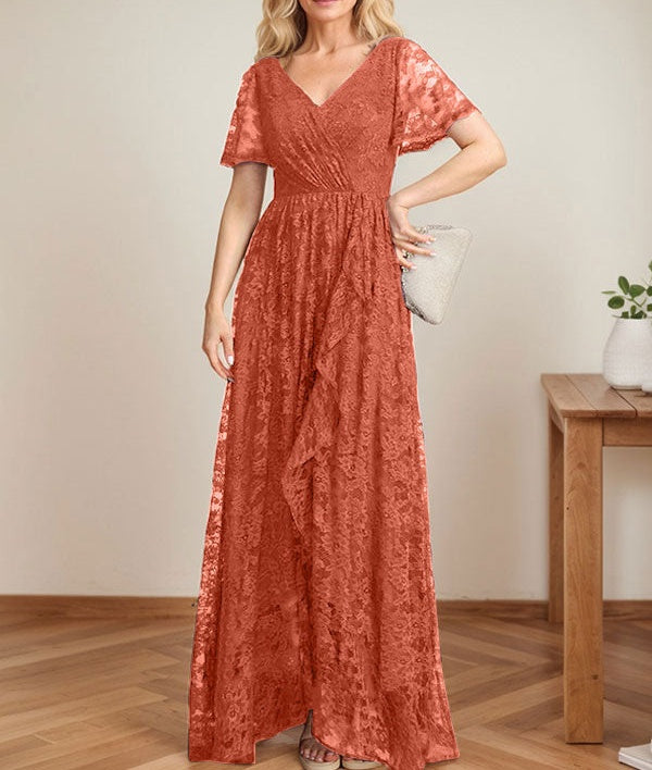 A-Line V-Neck Asymmetrical Lace Mother of the Bride Dress With Cascading Ruffles