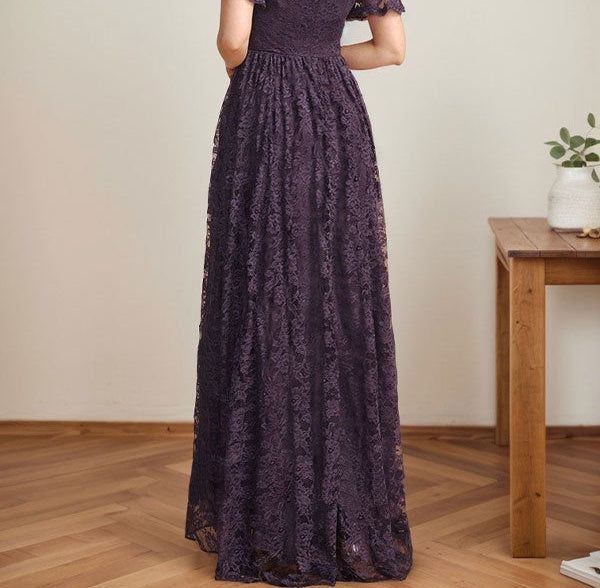 A-Line V-Neck Asymmetrical Lace Mother of the Bride Dress With Cascading Ruffles