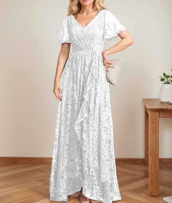 A-Line V-Neck Asymmetrical Lace Mother of the Bride Dress With Cascading Ruffles