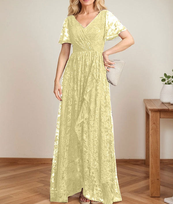 A-Line V-Neck Asymmetrical Lace Mother of the Bride Dress With Cascading Ruffles
