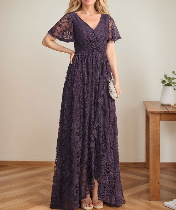 A-Line V-Neck Asymmetrical Lace Mother of the Bride Dress With Cascading Ruffles