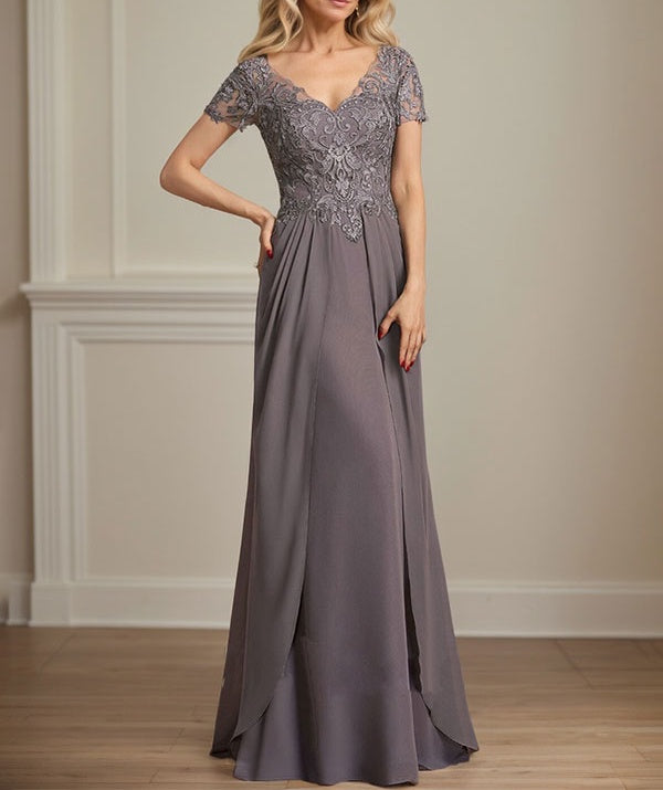 A-line V-Neck Floor-Length Chiffon Lace Mother of the Bride Dress