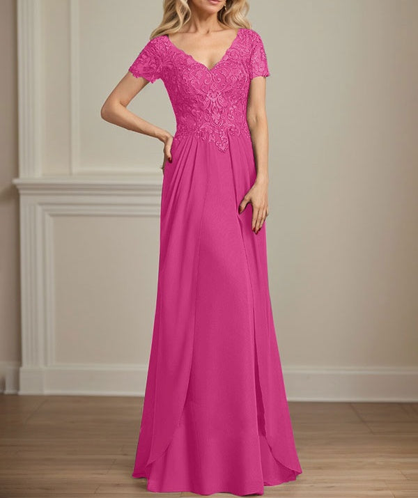 A-line V-Neck Floor-Length Chiffon Lace Mother of the Bride Dress