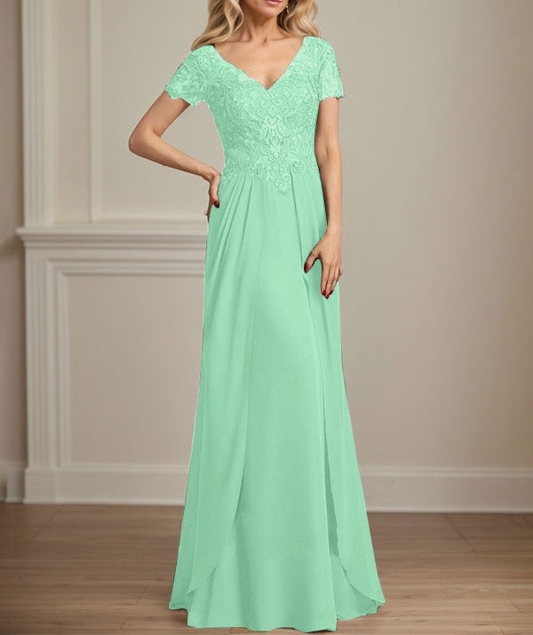 A-line V-Neck Floor-Length Chiffon Lace Mother of the Bride Dress