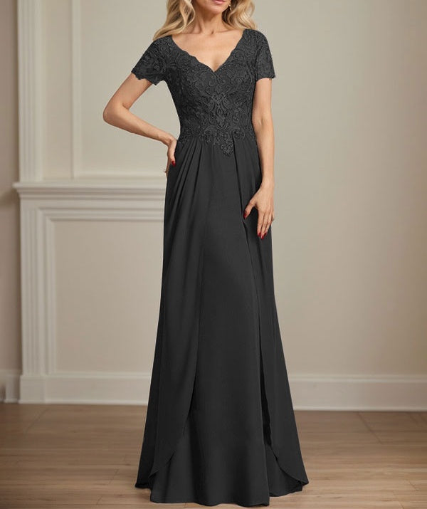 A-line V-Neck Floor-Length Chiffon Lace Mother of the Bride Dress
