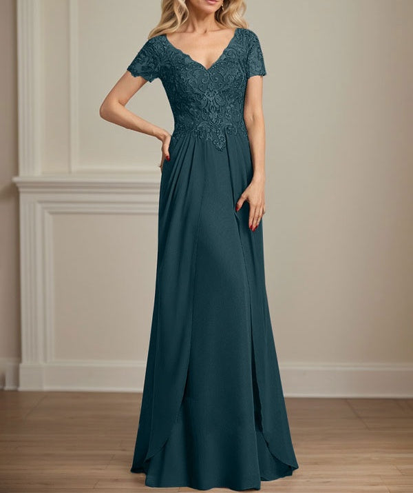 A-line V-Neck Floor-Length Chiffon Lace Mother of the Bride Dress