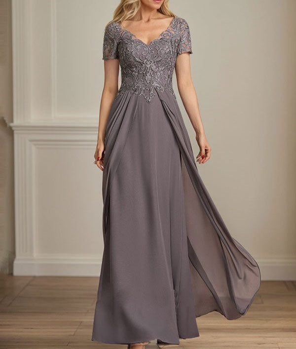A-line V-Neck Floor-Length Chiffon Lace Mother of the Bride Dress