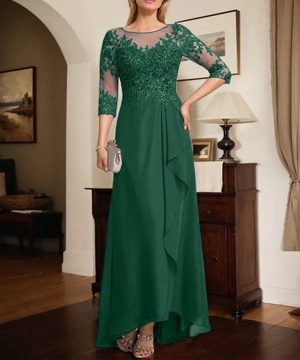 A-line Scoop Illusion Asymmetrical Lace Chiffon Mother of the Bride Dress With Sequins Cascading Ruffles