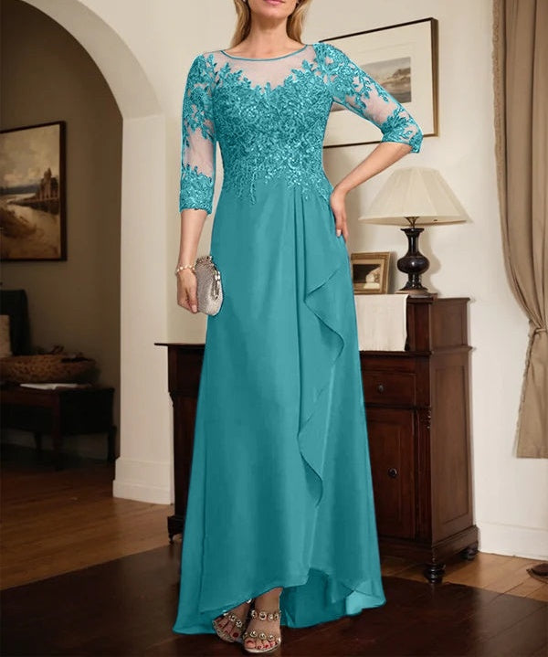 A-line Scoop Illusion Asymmetrical Lace Chiffon Mother of the Bride Dress With Sequins Cascading Ruffles