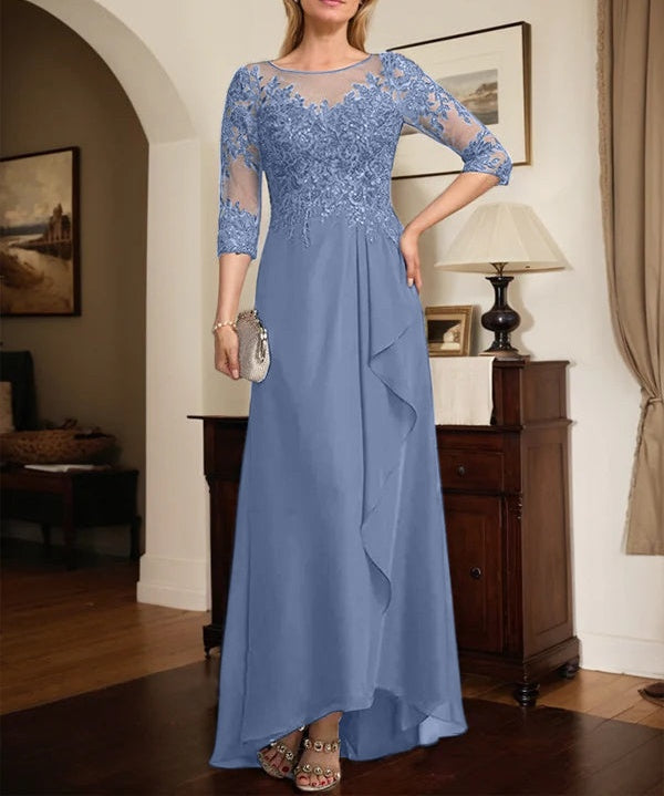 A-line Scoop Illusion Asymmetrical Lace Chiffon Mother of the Bride Dress With Sequins Cascading Ruffles